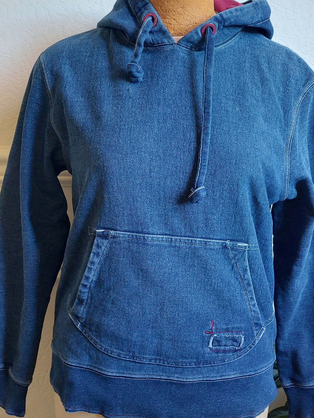 Vintage Gap "Red Collection" Blue Denim Knit Hooded Pullover Sweatshirt.